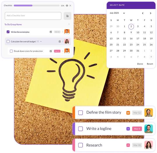 Pzaz.io project planning dashboard showing a film production checklist, task deadlines, and a calendar for organizing creative ideas and schedules.
