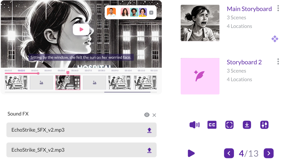 Storyboard editing interface on Pzaz.io showing animated panels, sound effects, and team collaboration for film scene planning