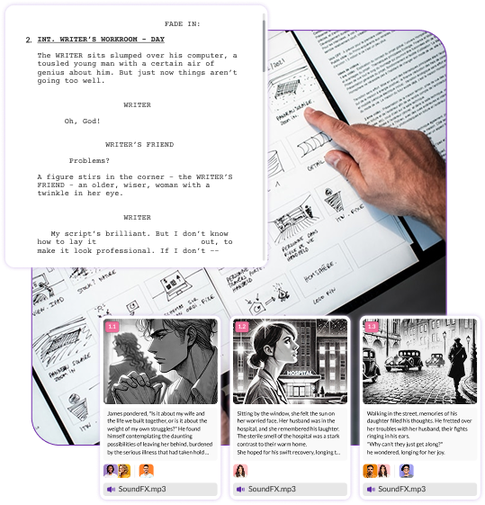 Film script and storyboard design interface on Pzaz.io showing how scripts connect to visual storyboards with sound effects and scene previews.