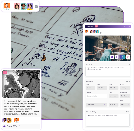 Storyboard sketch and digital shot planning interface on Pzaz.io showing detailed scene descriptions, camera setup, and collaborative editing.