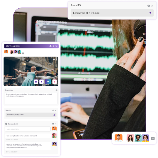 Sound designer working on a computer with waveform visuals while collaborating through Pzaz.io’s storyboard sound effects interface