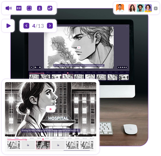 Storyboard playback interface on Pzaz.io showing animated panels, timeline navigation, and team collaboration on film scenes.